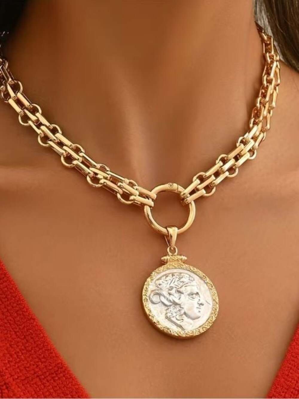Gold Double-Layer Coin Pendant Necklace - Women Jewelry